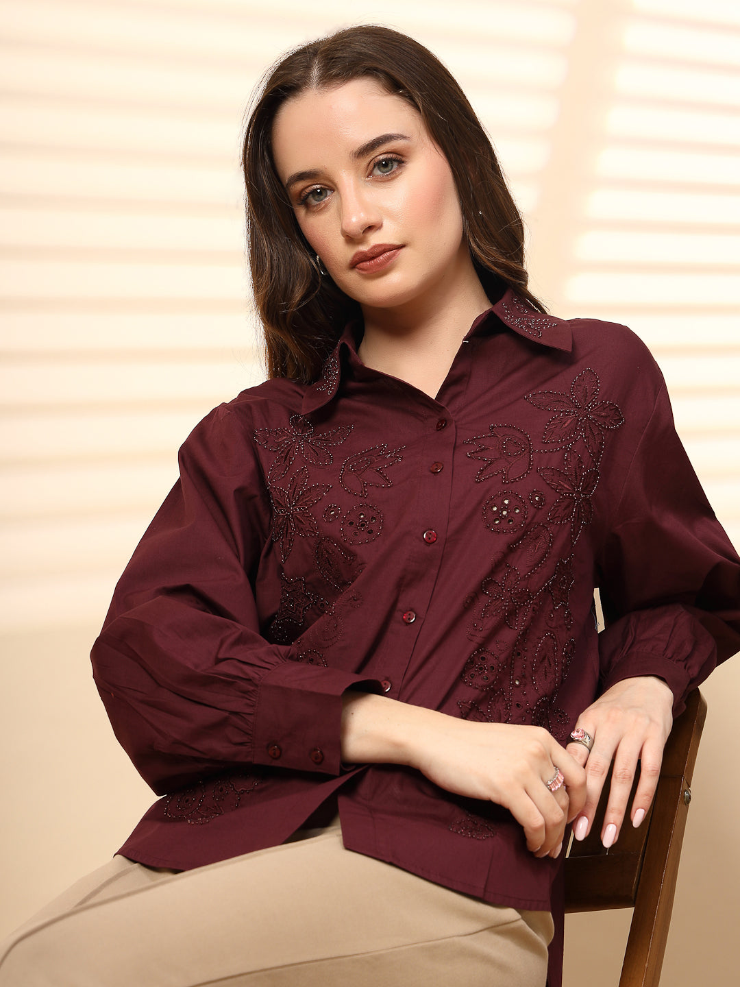 Wine Cotton Shirt with Embroidery