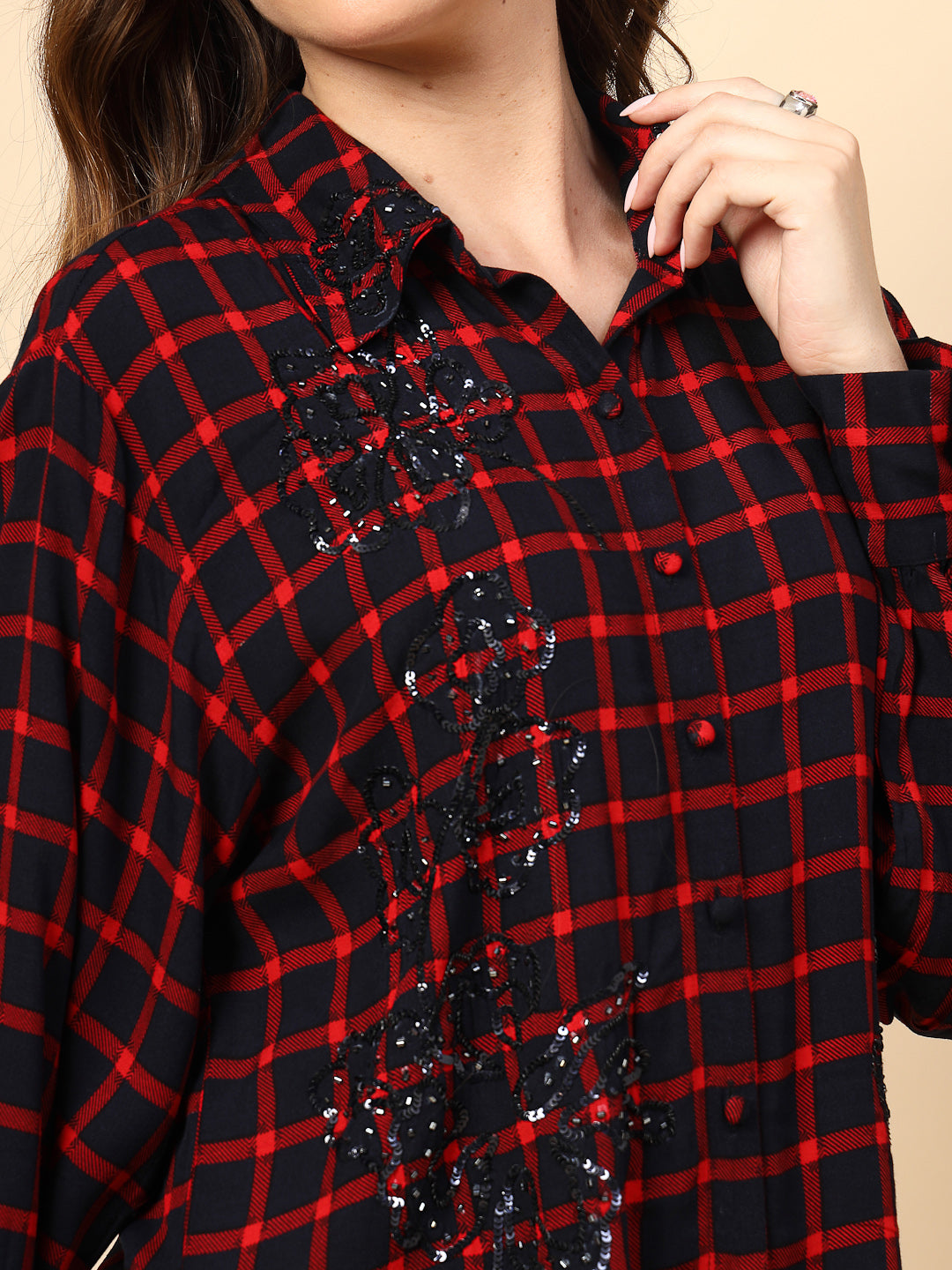 Red/Navy Rayon Shirt with Fbric Buttons and Embroidery