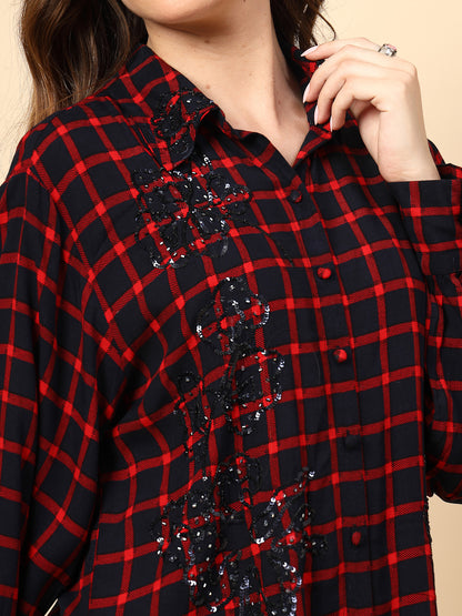 Red/Navy Rayon Shirt with Fbric Buttons and Embroidery