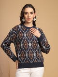 Navy Printed Round Neck Pullover Sweater
