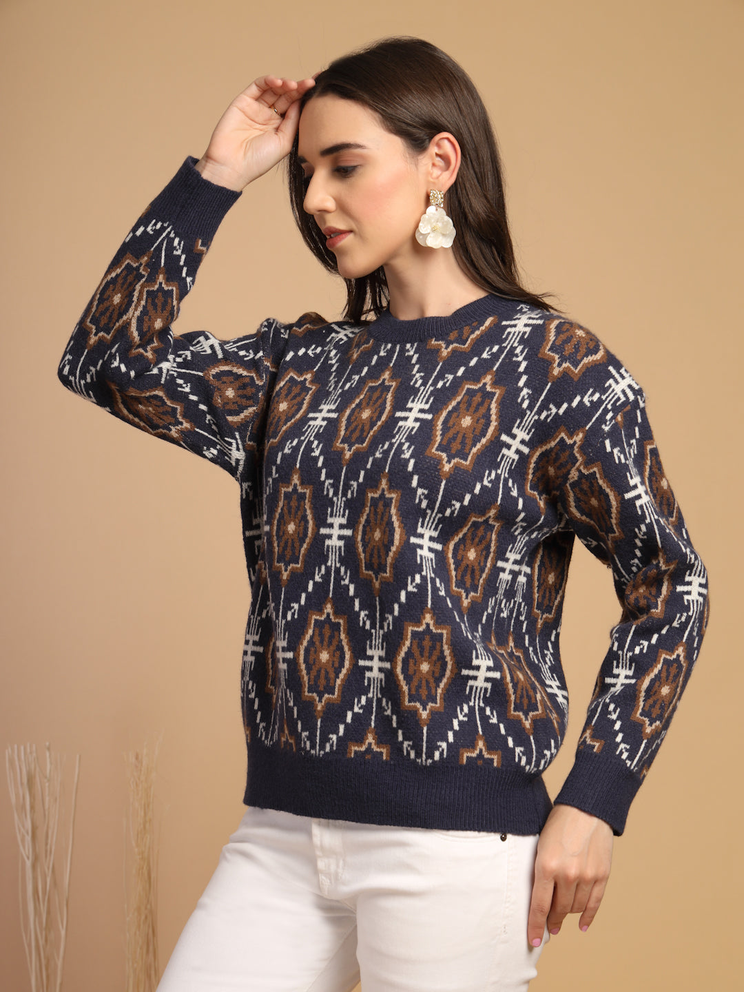 Navy Printed Round Neck Pullover Sweater