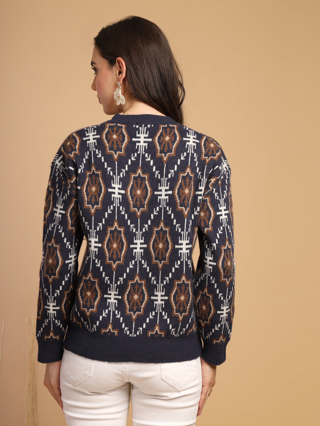 Navy Printed Round Neck Pullover Sweater