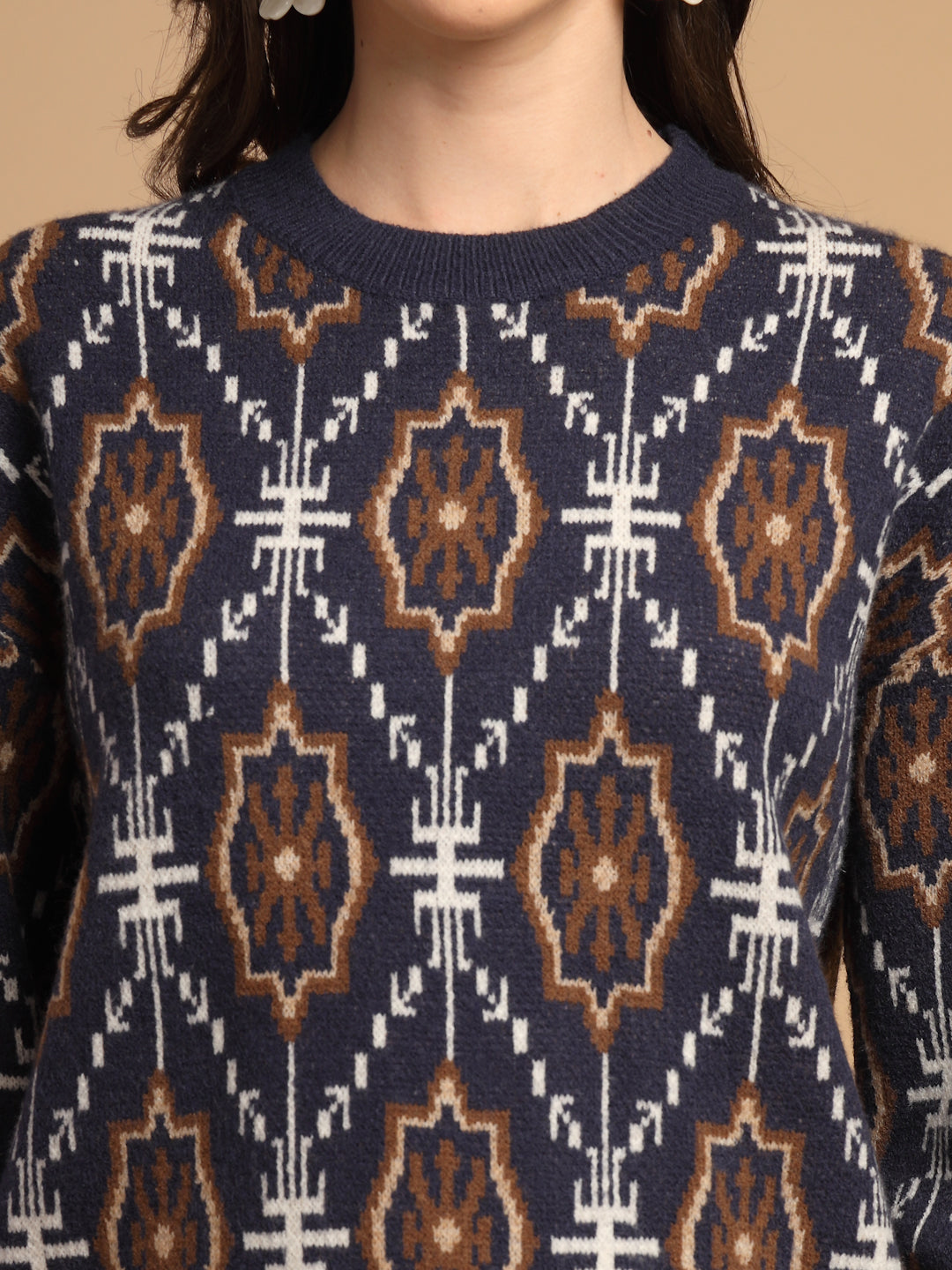 Navy Printed Round Neck Pullover Sweater