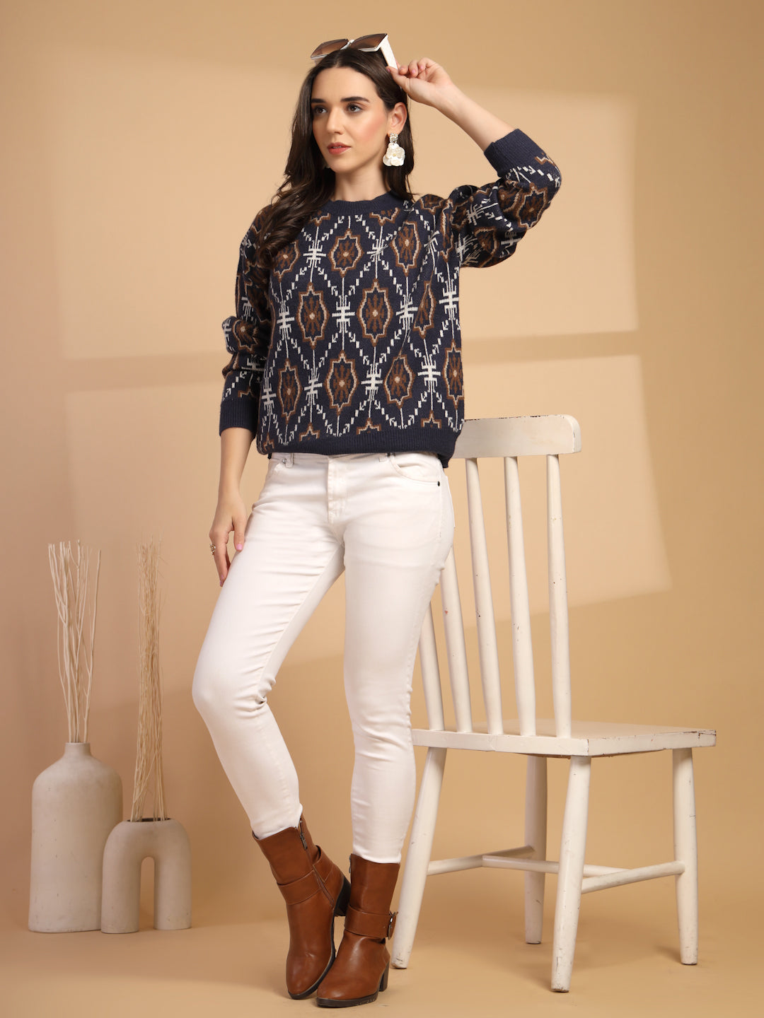Navy Printed Round Neck Pullover Sweater