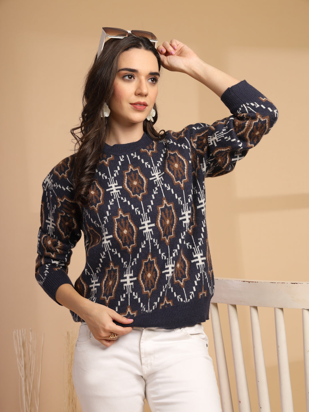 Navy Printed Round Neck Pullover Sweater