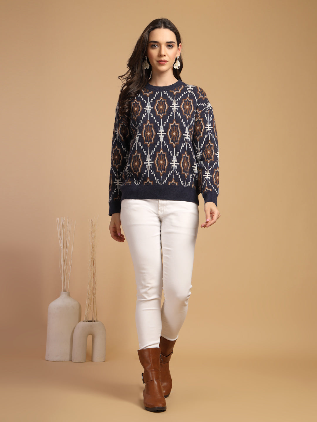 Navy Printed Round Neck Pullover Sweater