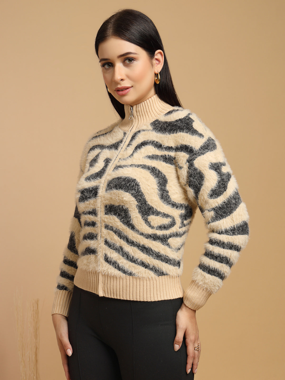 Black & Beige Printed Round Neck Sweater