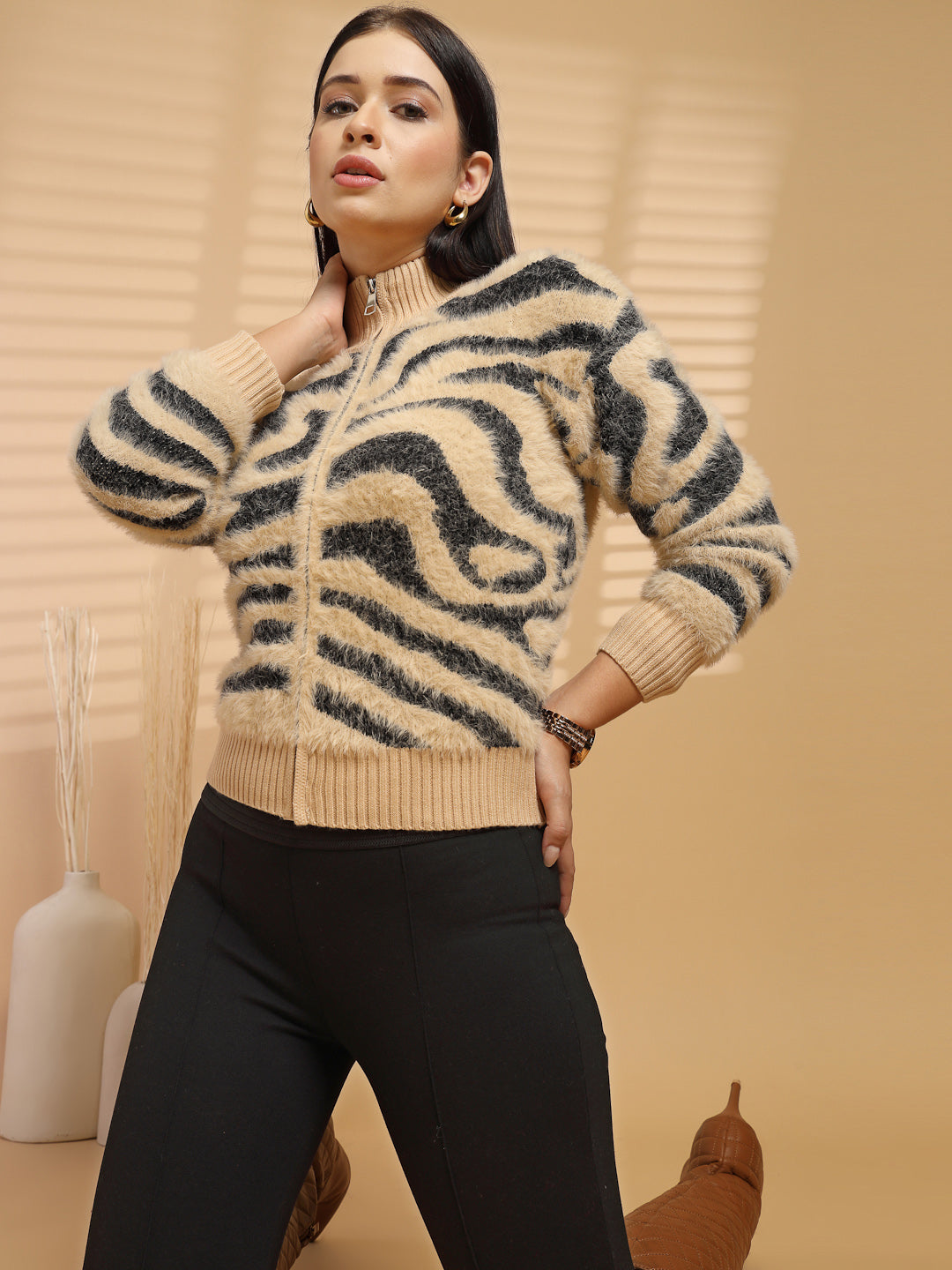 Black & Beige Printed Round Neck Sweater