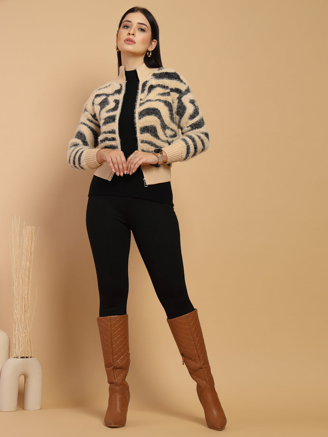 Black & Beige Printed Round Neck Sweater
