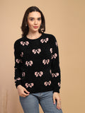 Black & Pink Printed Round Neck Pullover Sweater