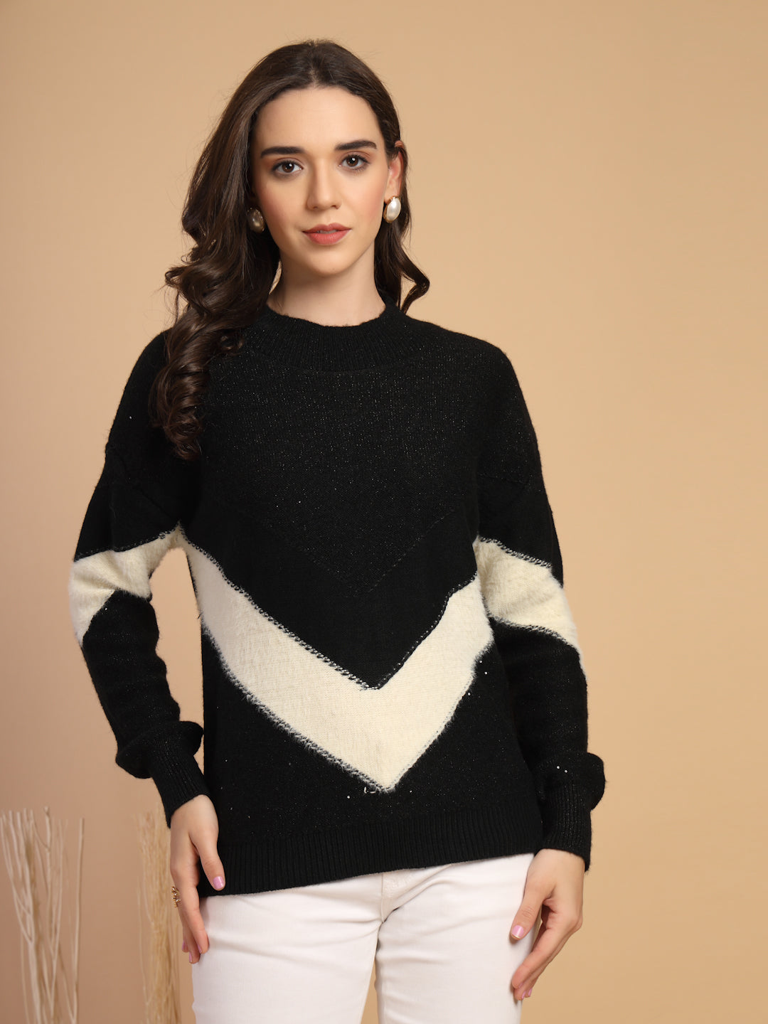 Black Solid Round Neck Pullover Sweater