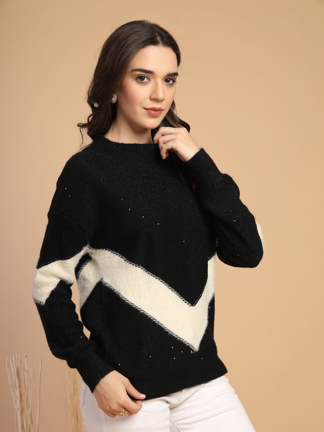 Black Solid Round Neck Pullover Sweater