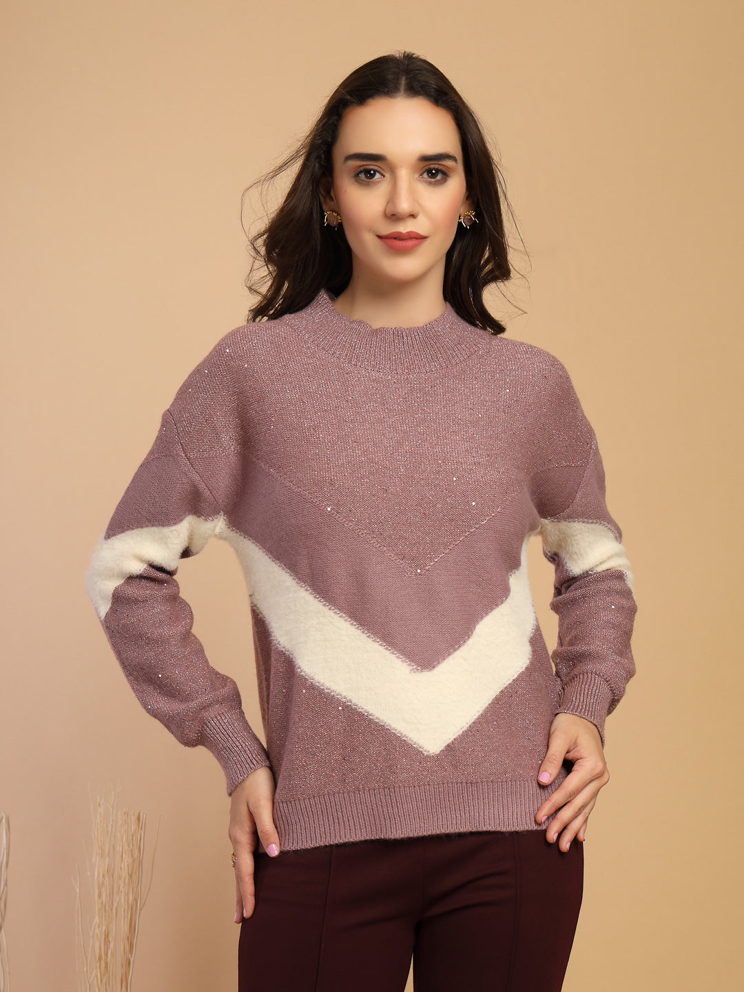 Purple Solid Round Neck Pullover Sweater