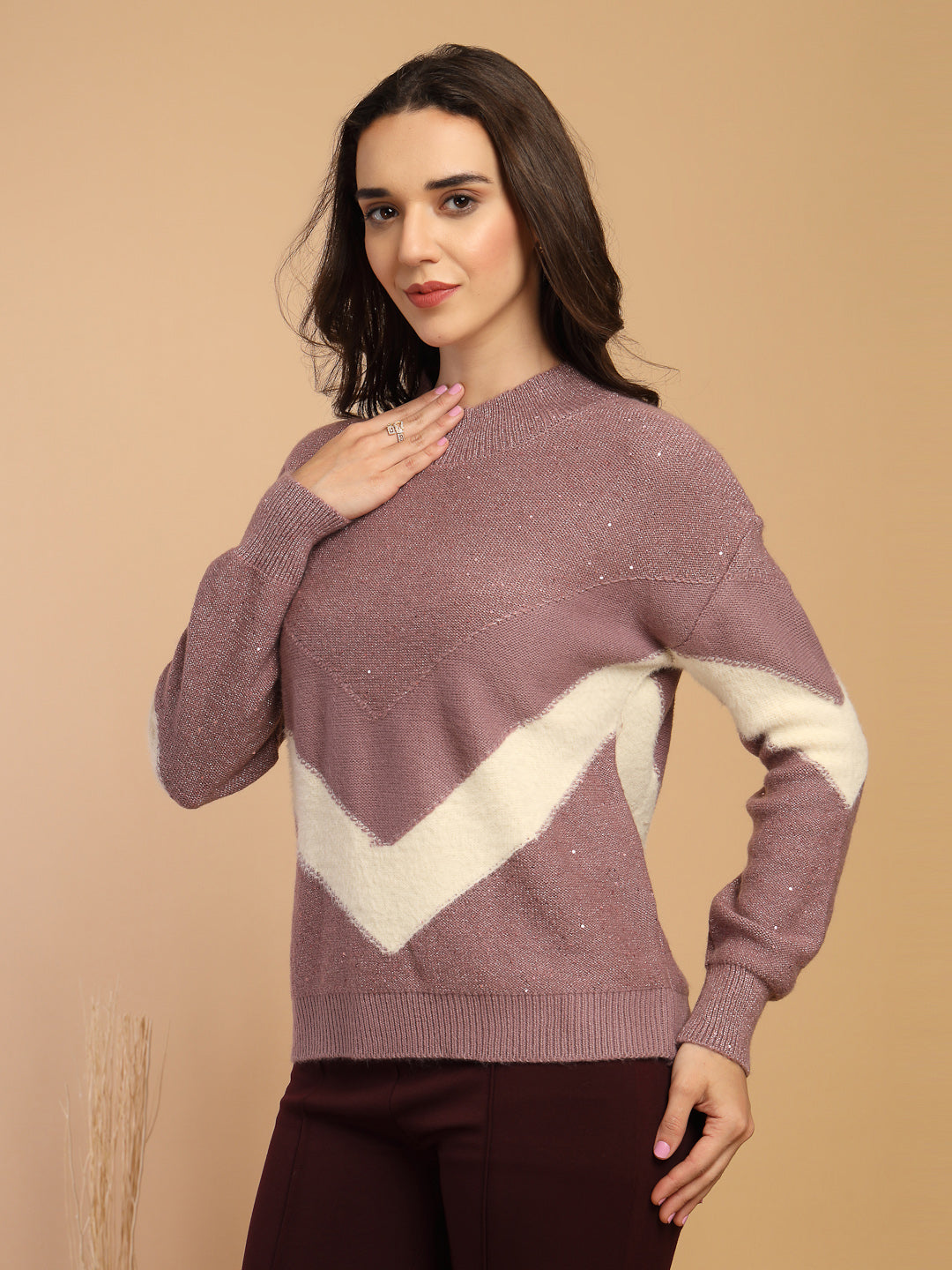 Purple Solid Round Neck Pullover Sweater