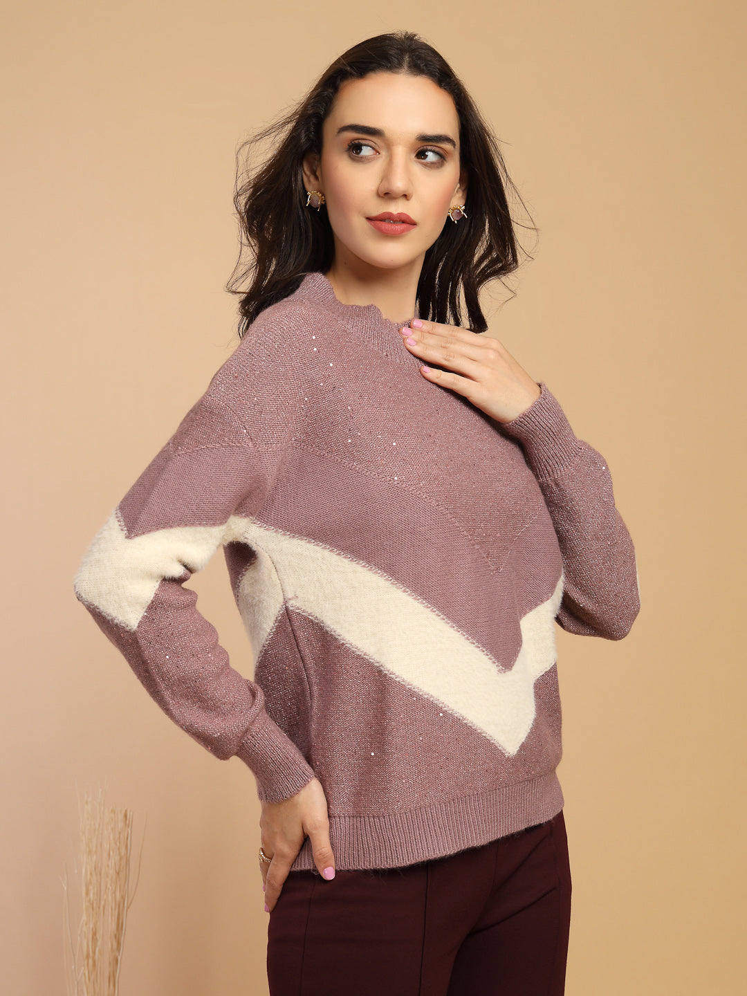 Purple Solid Round Neck Pullover Sweater