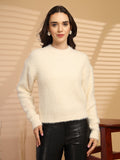 Off White Solid Round Neck Pullover Sweater
