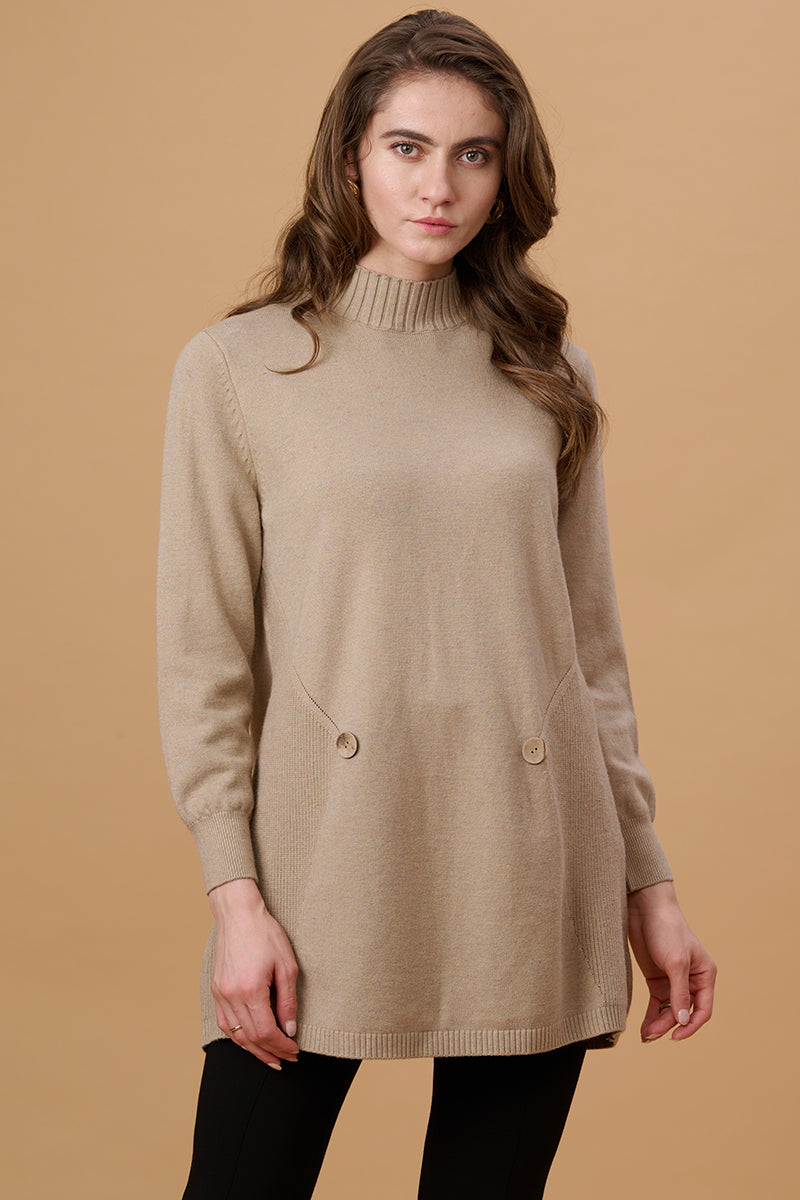 Beige Solid Round Neck Pullover Sweater