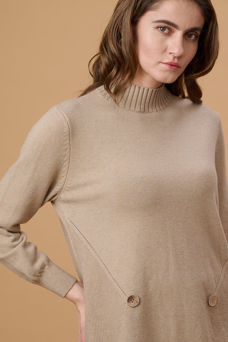 Beige Solid Round Neck Pullover Sweater