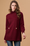 Wine Solid Round Neck Pullover Sweater