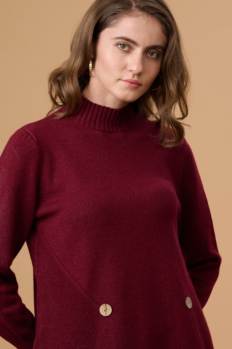 Wine Solid Round Neck Pullover Sweater