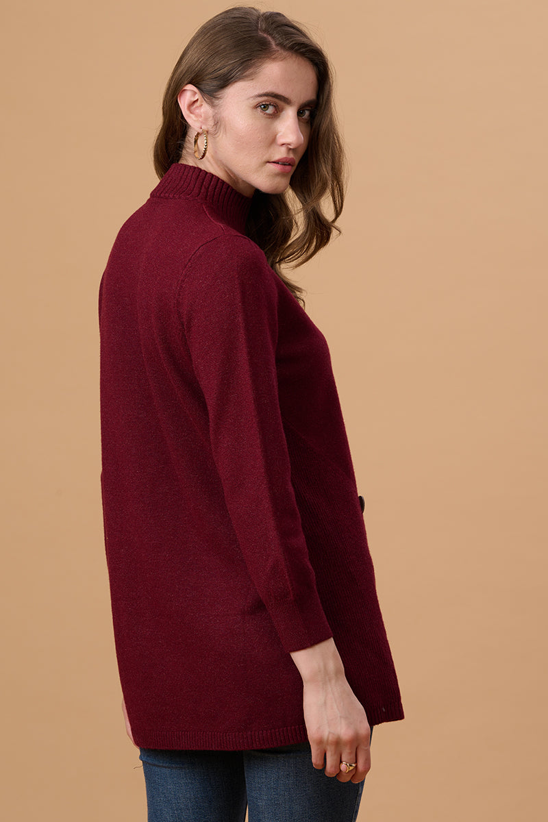 Wine Solid Round Neck Pullover Sweater