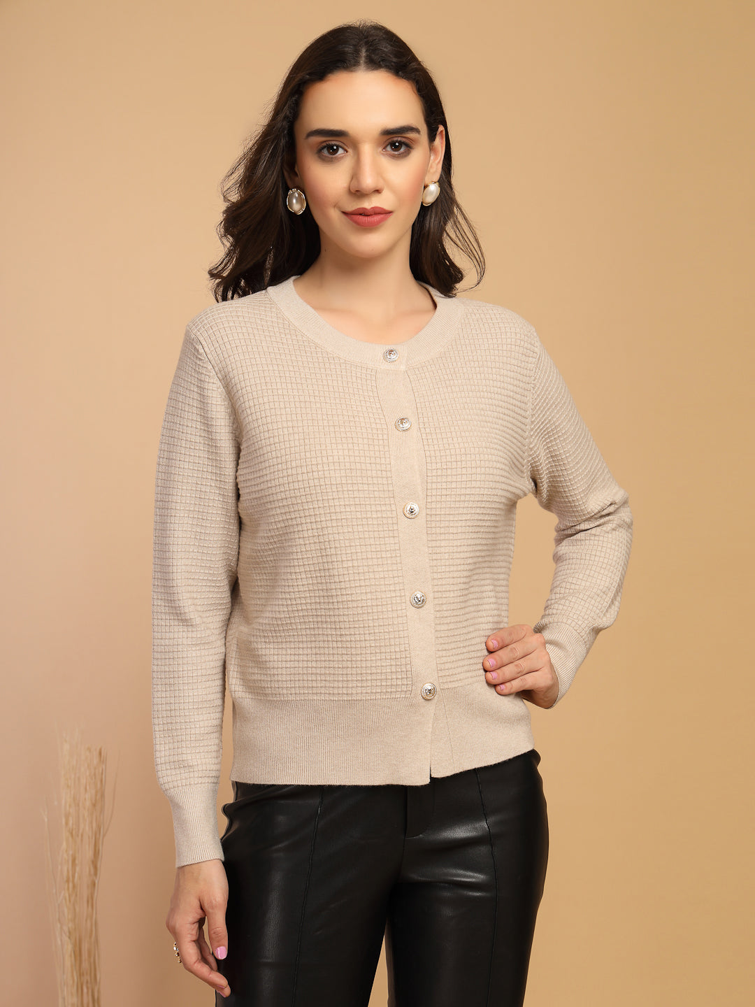 Khaki Solid Round Neck Sweater