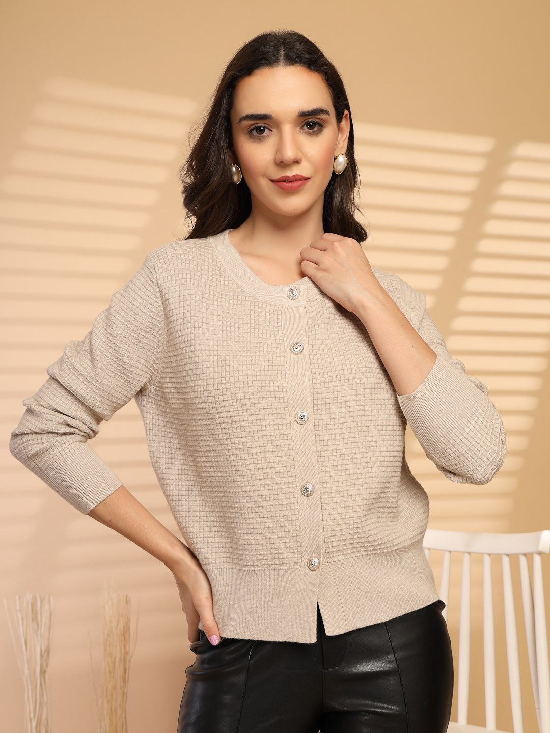 Khaki Solid Round Neck Sweater
