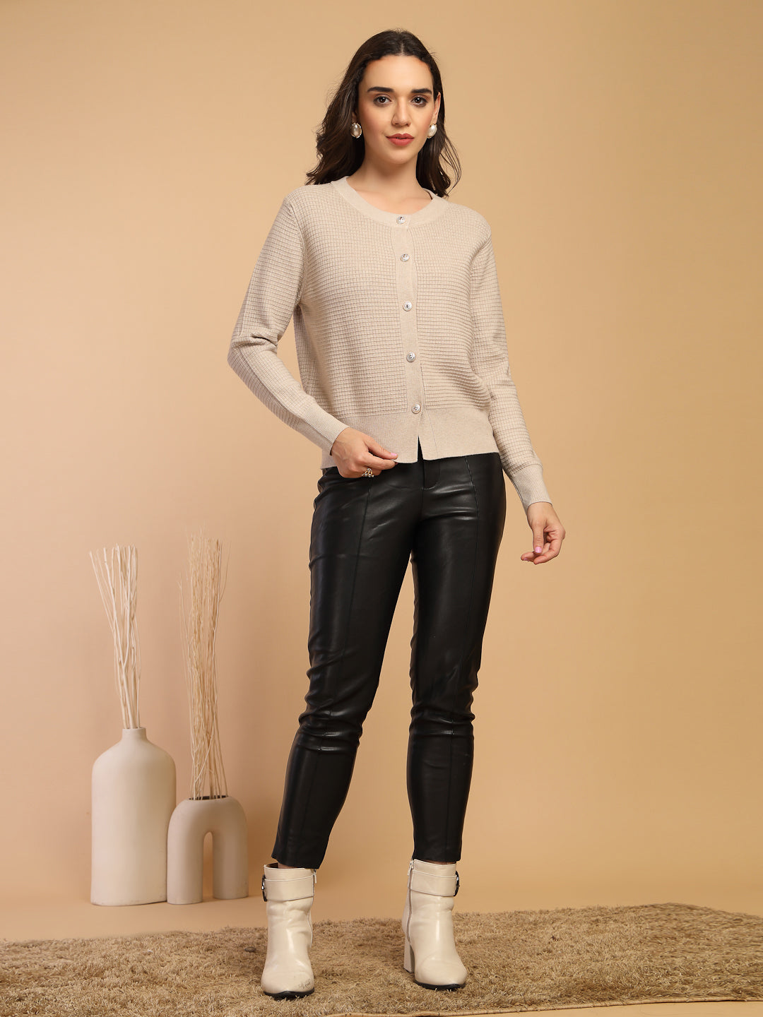 Khaki Solid Round Neck Sweater