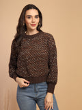 Coffee Solid Round Neck Pullover Sweater