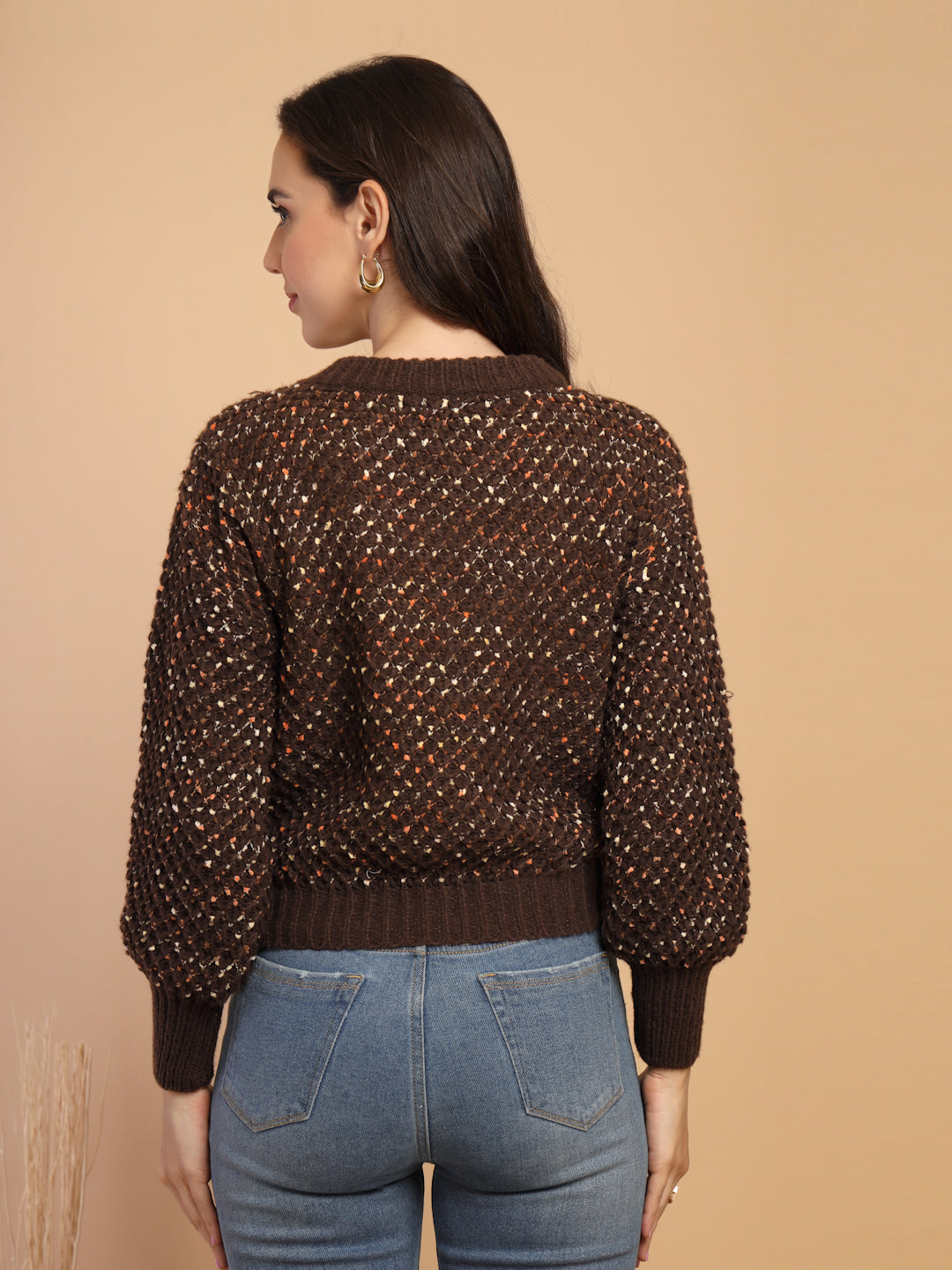 Coffee Solid Round Neck Pullover Sweater