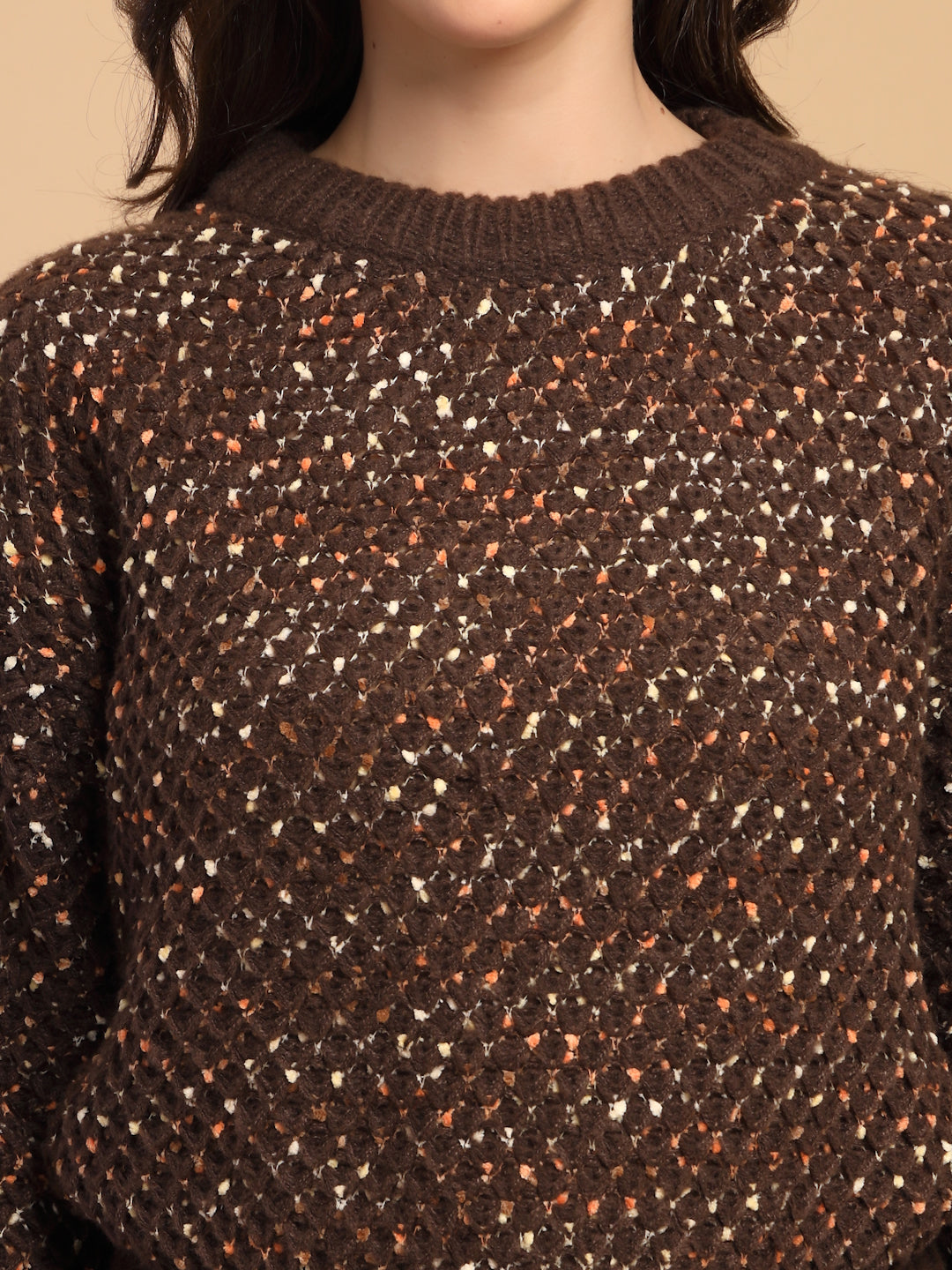 Coffee Solid Round Neck Pullover Sweater