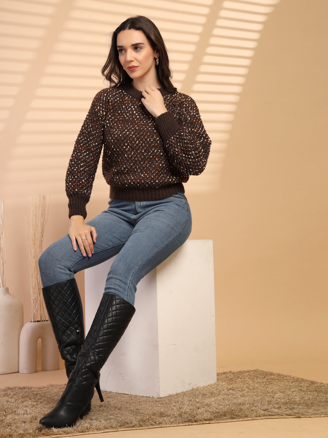 Coffee Solid Round Neck Pullover Sweater