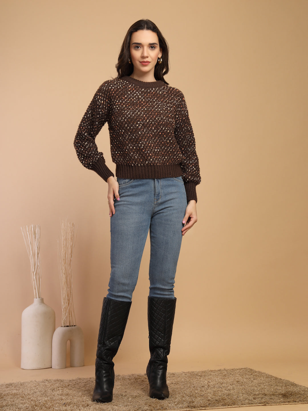 Coffee Solid Round Neck Pullover Sweater