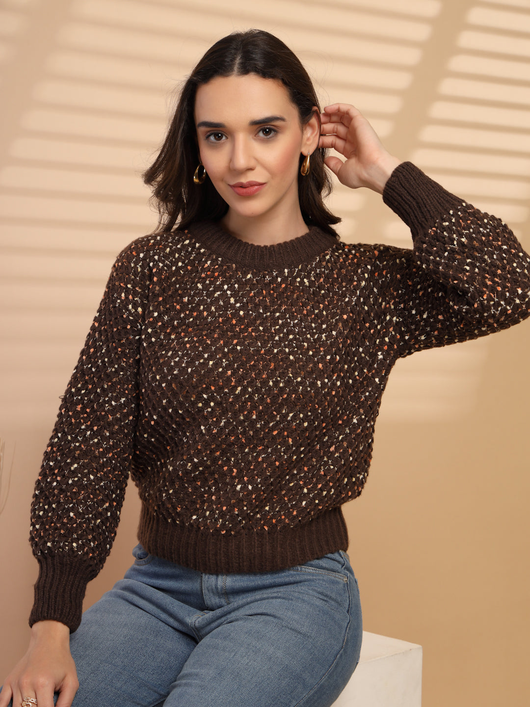 Coffee Solid Round Neck Pullover Sweater
