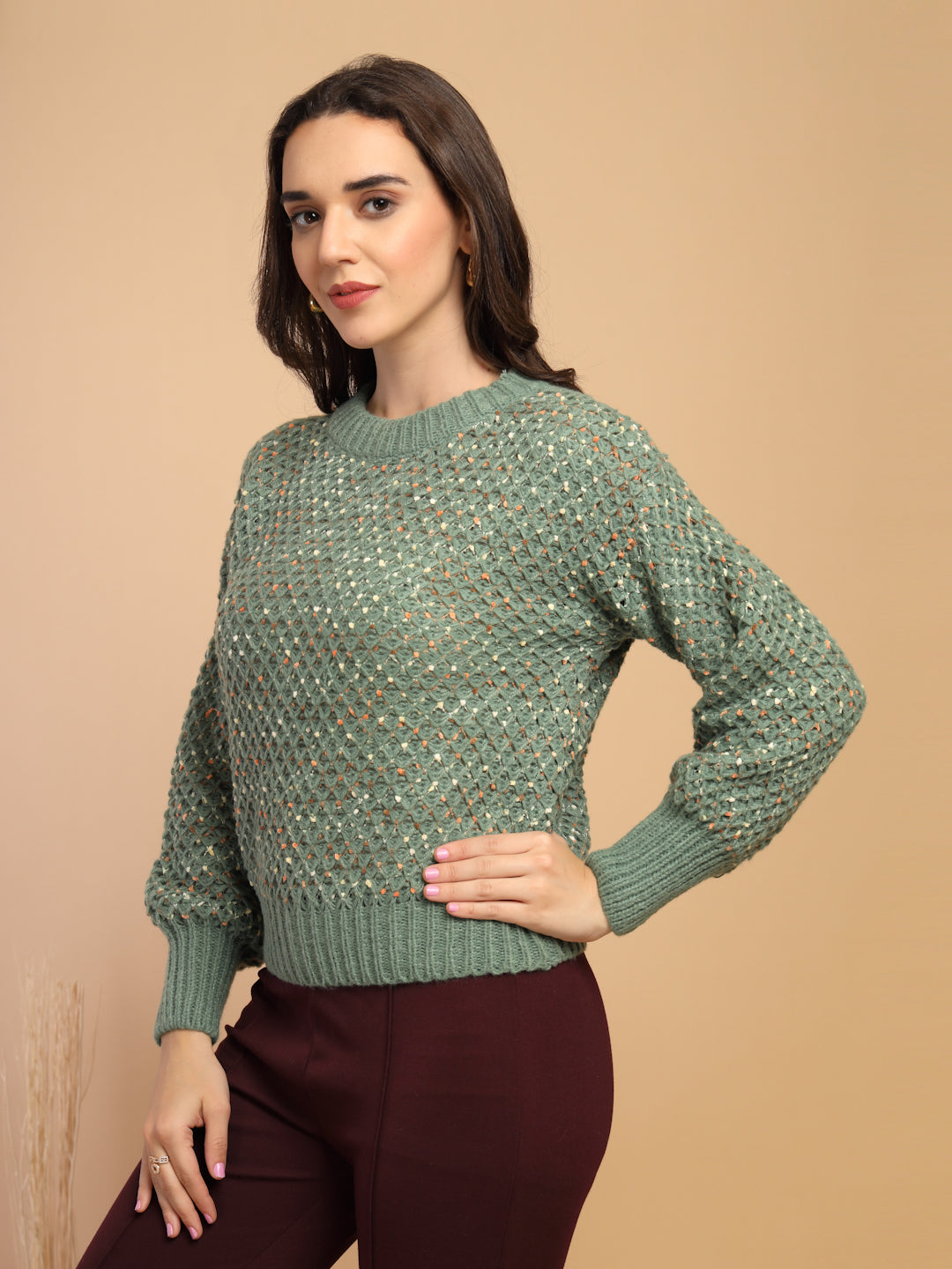 Green Solid Round Neck Pullover Sweater