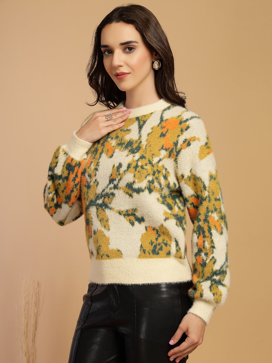 Beige Solid Round Neck Pullover Sweater