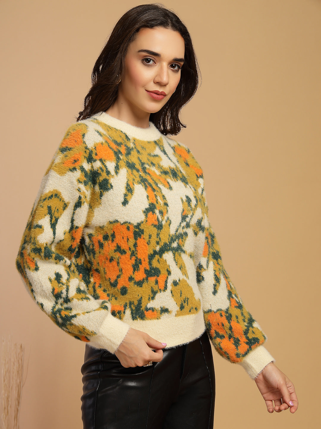 Beige Solid Round Neck Pullover Sweater