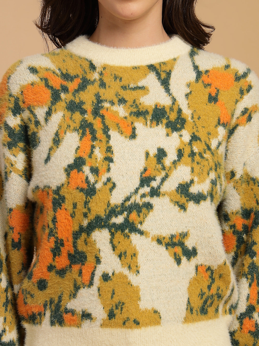 Beige Solid Round Neck Pullover Sweater
