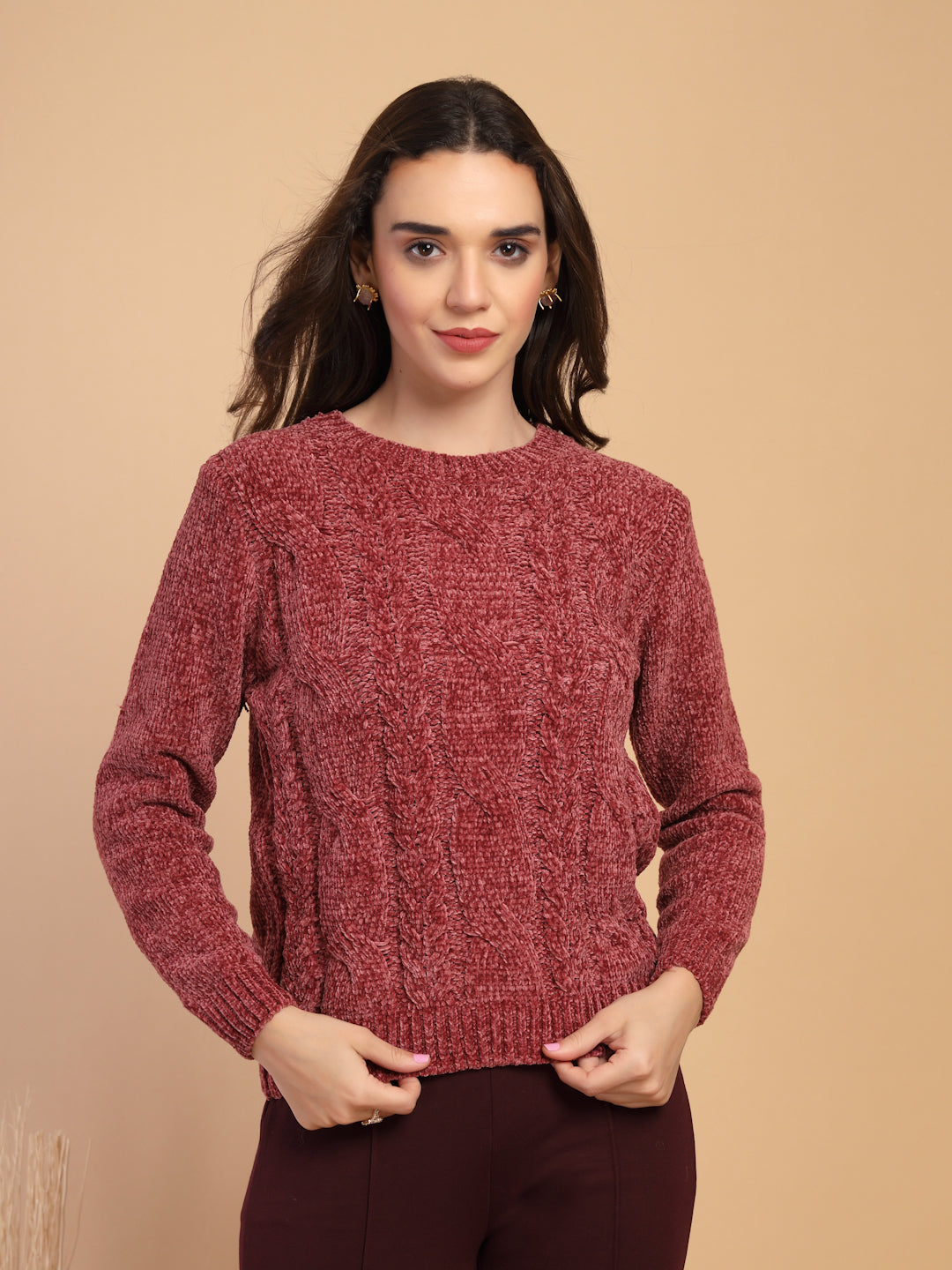 Rose Dust Solid Round Neck Pullover Sweater