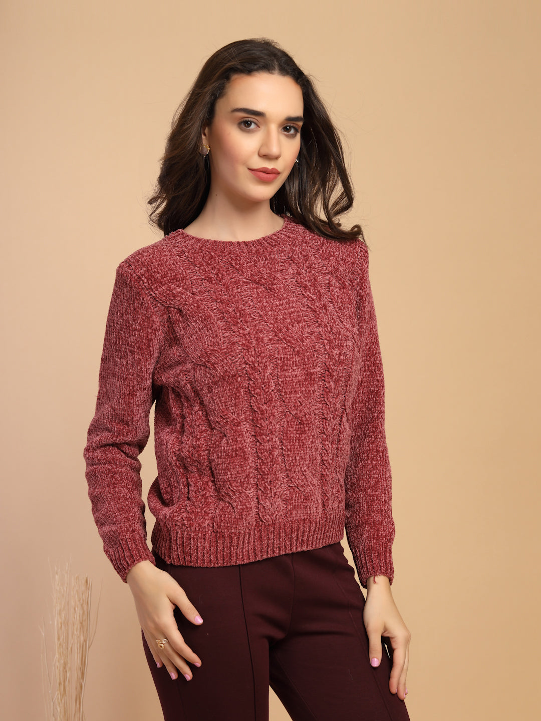 Rose Dust Solid Round Neck Pullover Sweater