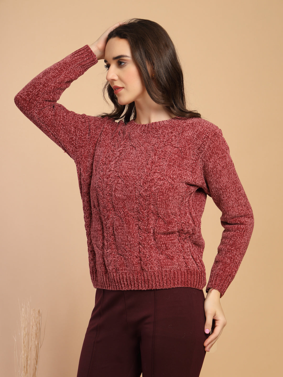 Rose Dust Solid Round Neck Pullover Sweater