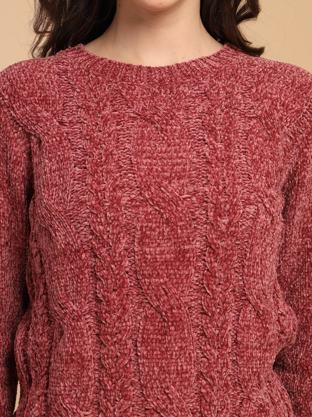 Rose Dust Solid Round Neck Pullover Sweater