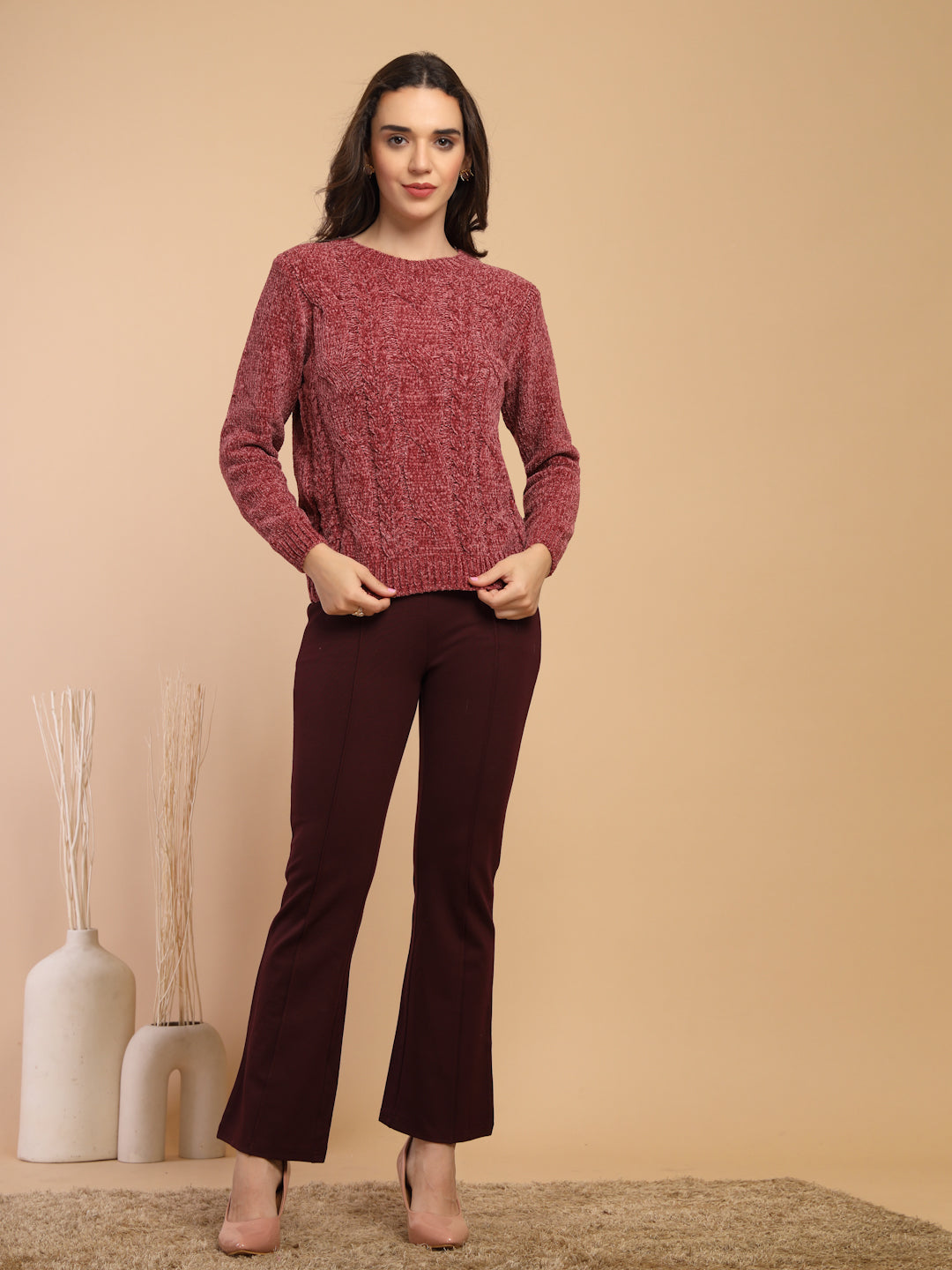 Rose Dust Solid Round Neck Pullover Sweater