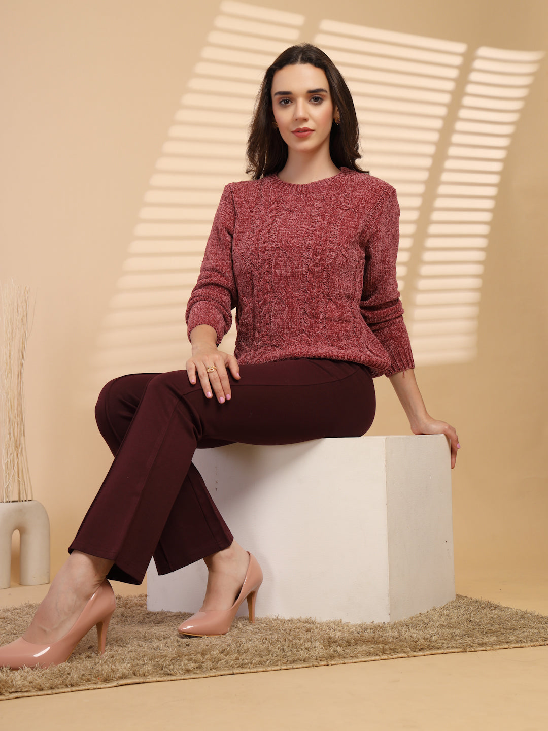 Rose Dust Solid Round Neck Pullover Sweater