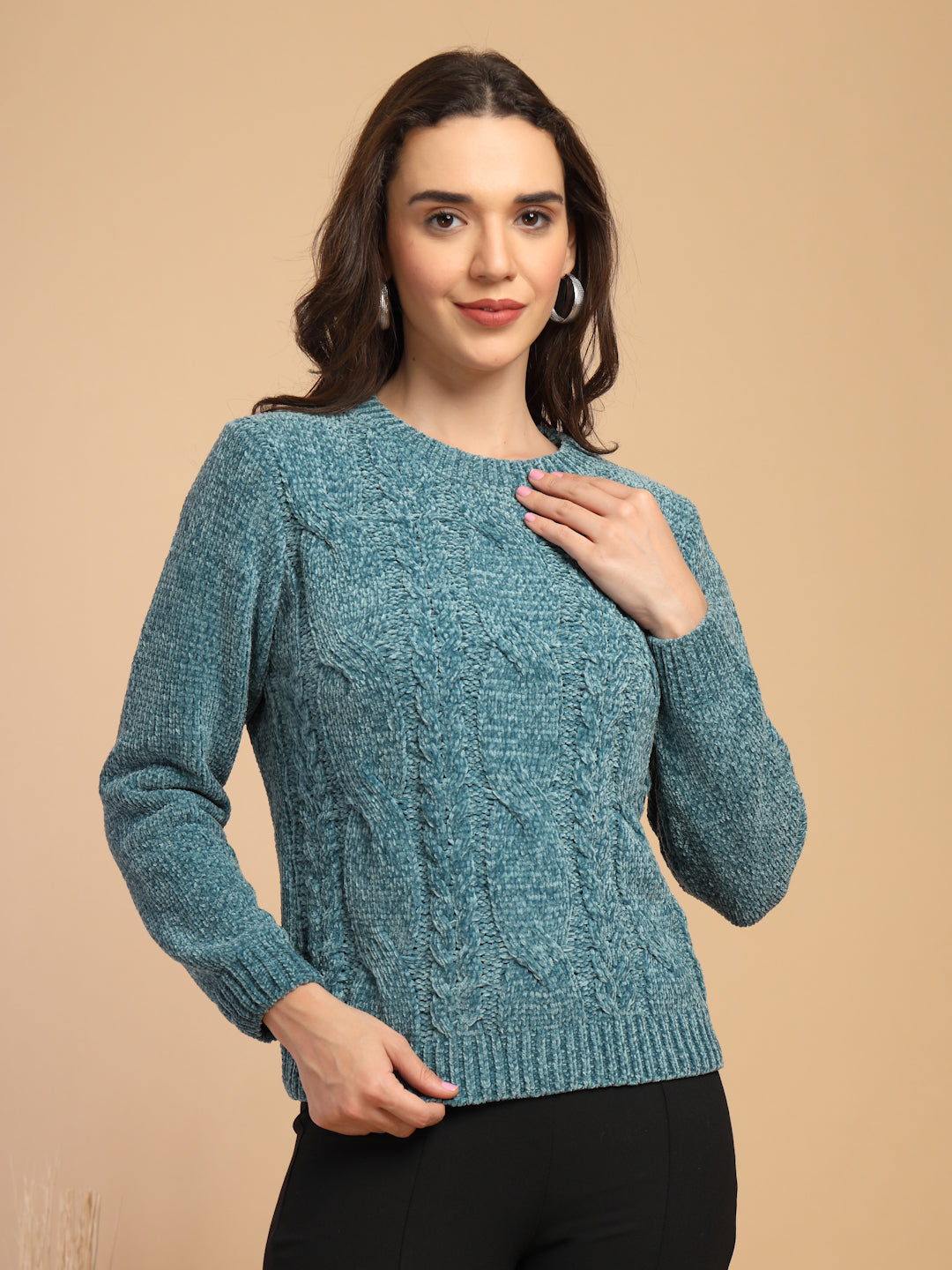 Teal Solid Round Neck Pullover Sweater
