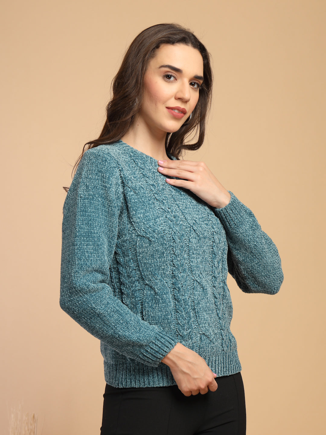 Teal Solid Round Neck Pullover Sweater