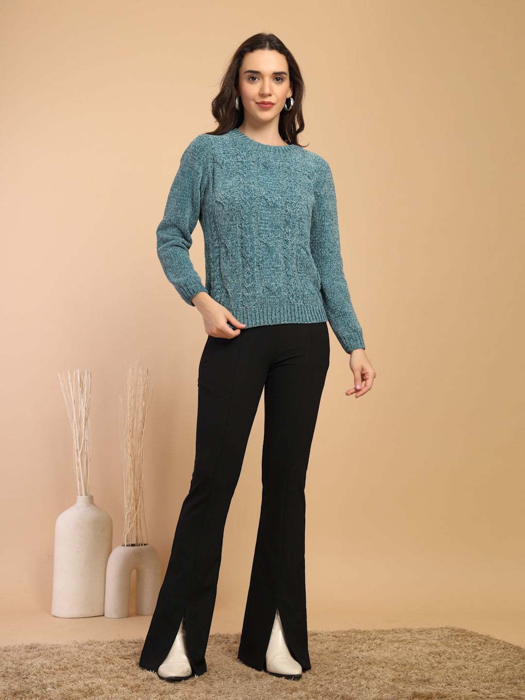 Teal Solid Round Neck Pullover Sweater