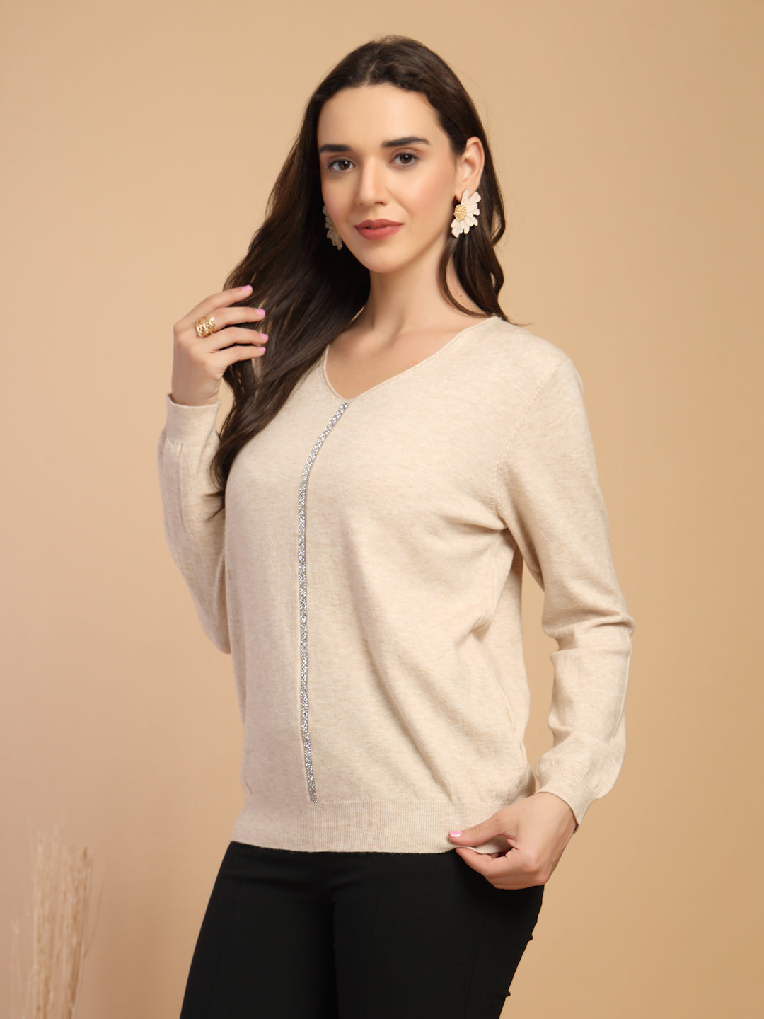 Khaki Solid V-Neck Pullover Sweater