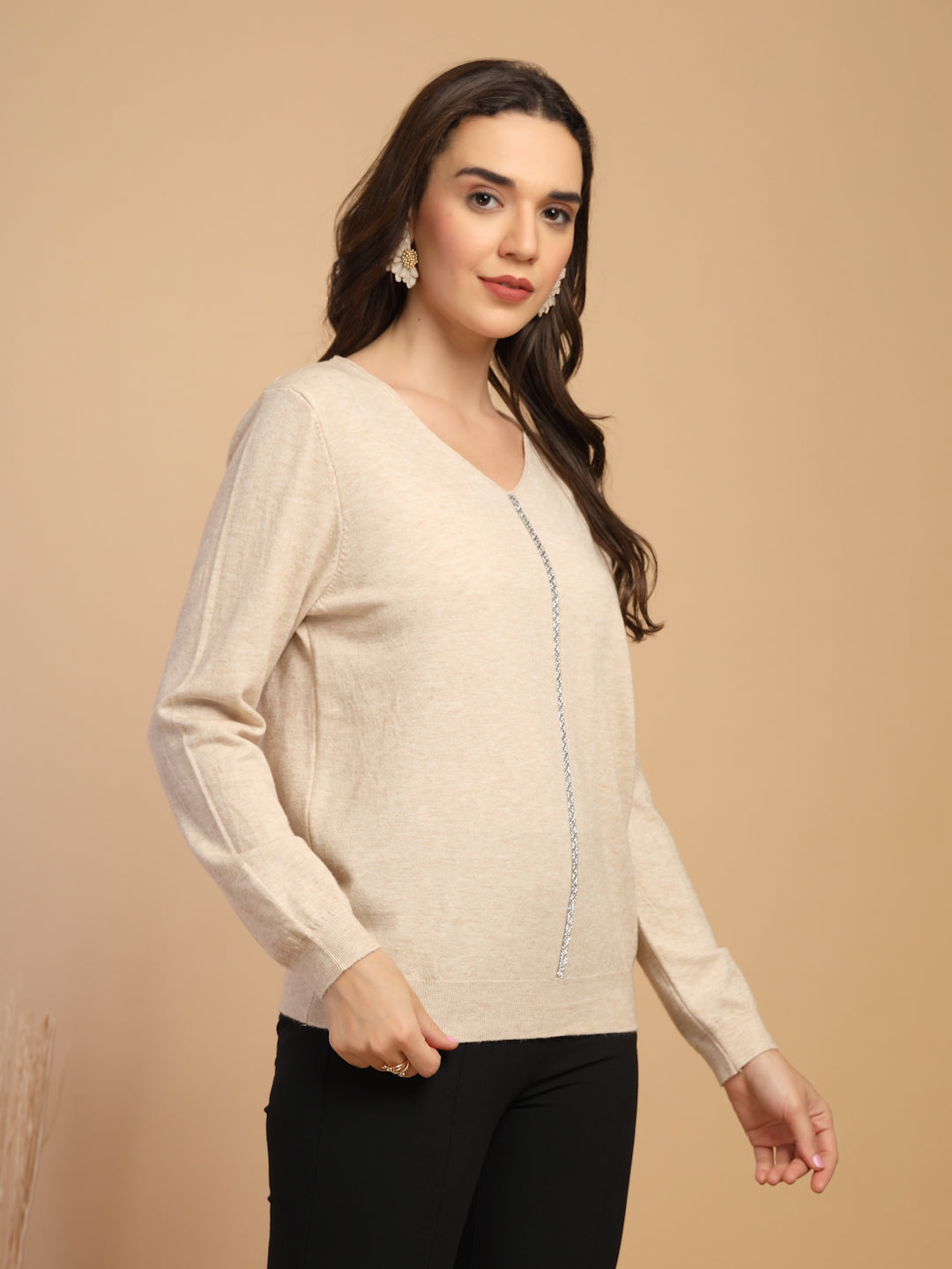 Khaki Solid V-Neck Pullover Sweater