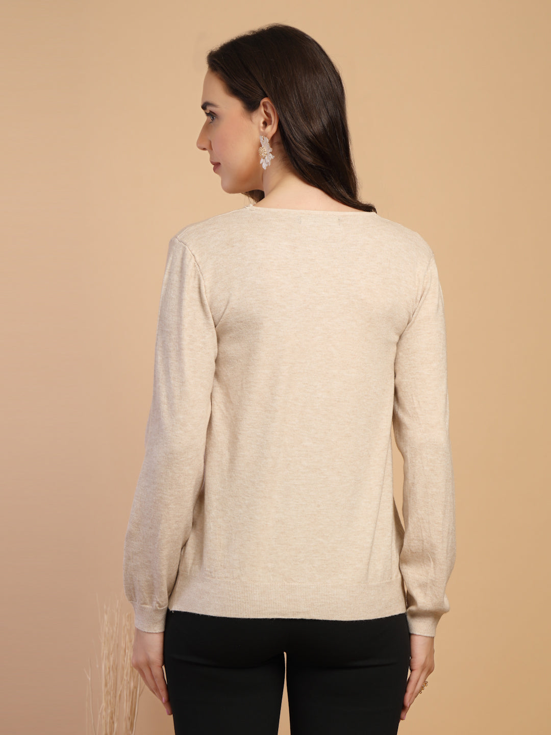 Khaki Solid V-Neck Pullover Sweater